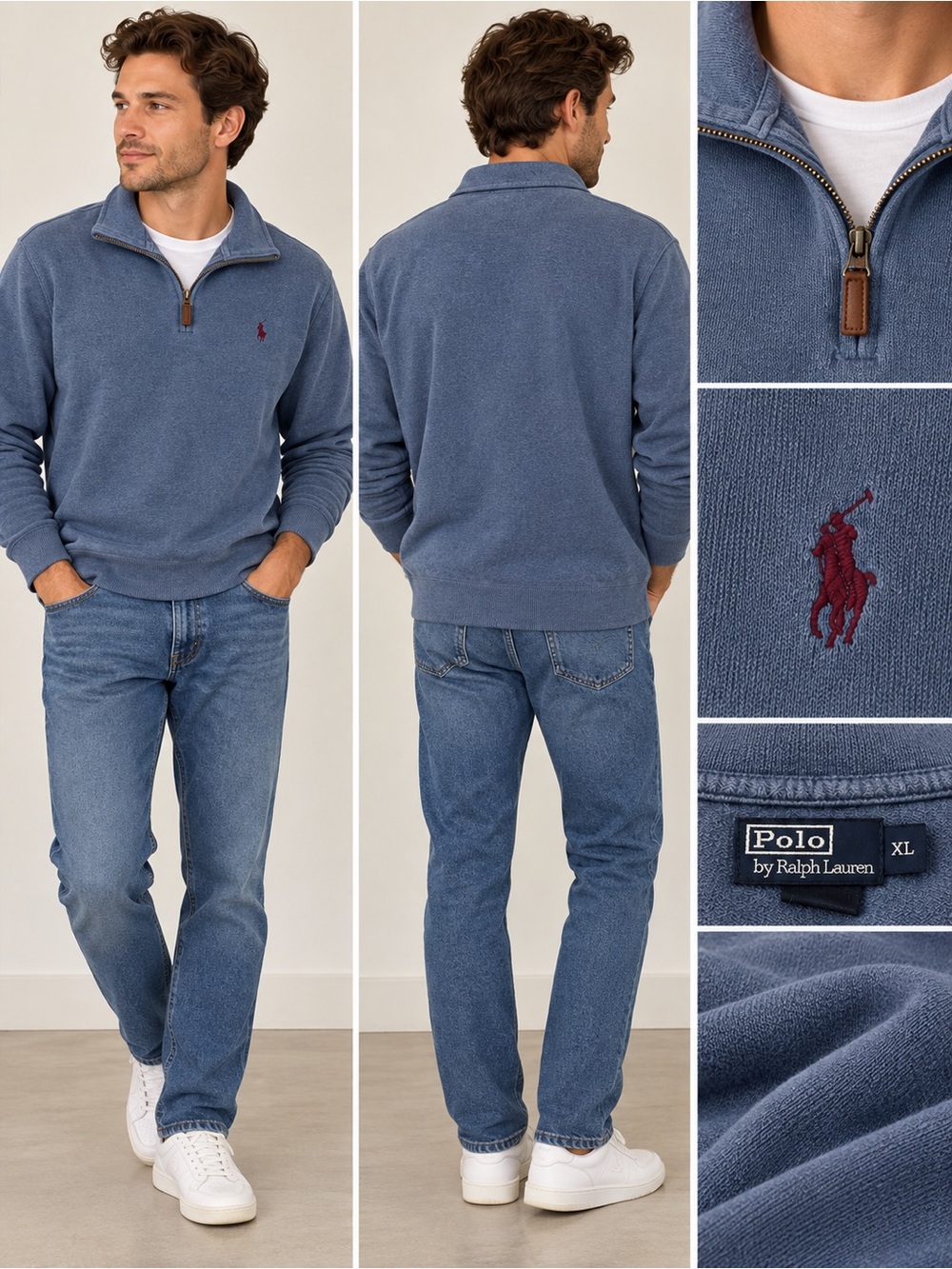 Polo by Ralph Lauren Dusty Blue Quarter-Zip Sweatshirt with Burgundy Pony